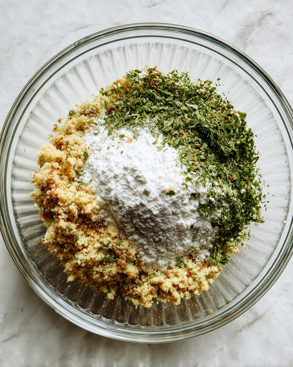 A clear glass bowl sitting on a white marbled surface holds a mixture with three main layers visible from the top: at the bottom is a crumbly, light golden base with small bits of darker brown mixed in, above it is a neat mound of fine white powder, and on top is a thick layer of finely chopped fresh green herbs. The bowl's ridged texture adds subtle lines around the ingredients. photo taken with an iphone --ar 4:5 --v 7