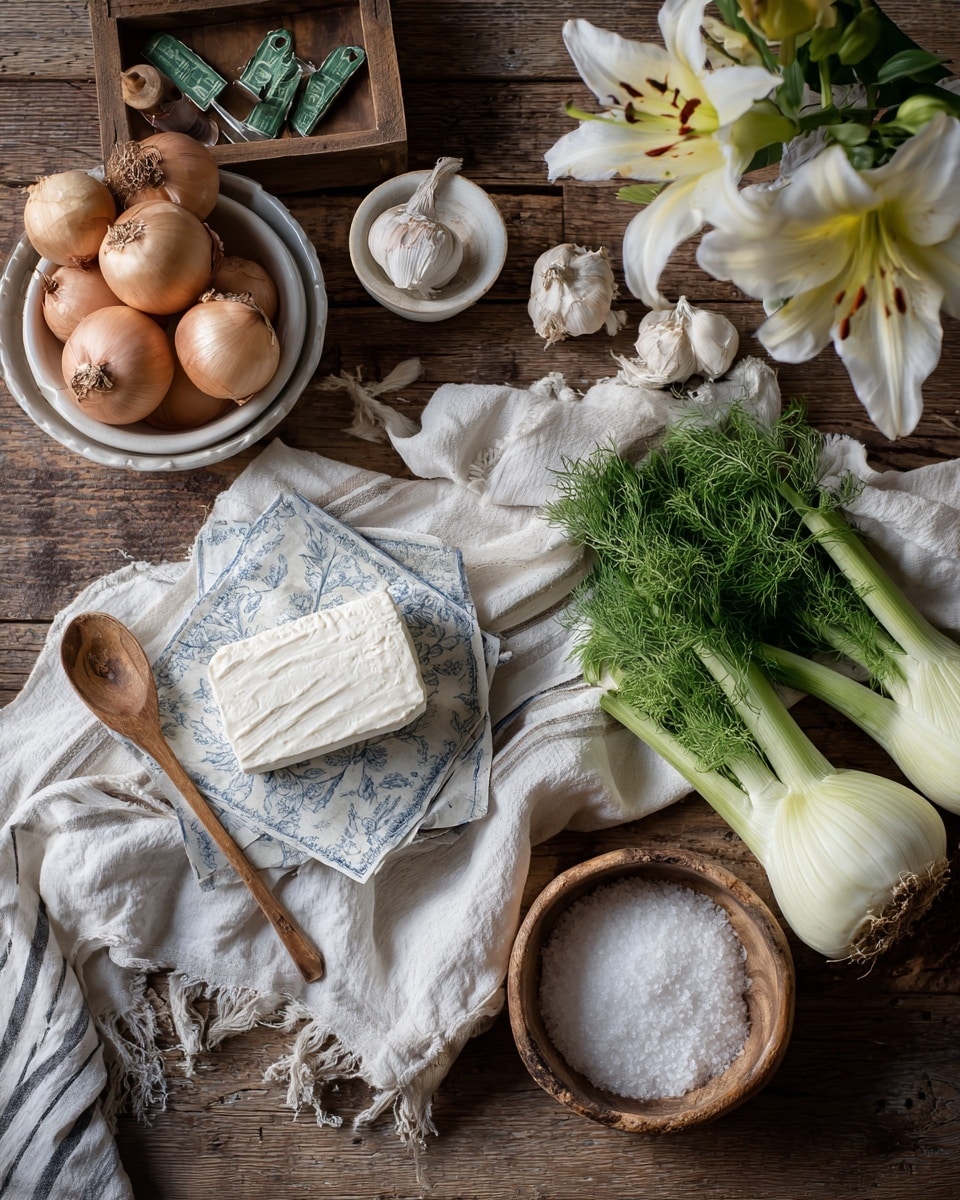 The image shows a dark rustic wooden table with a soft white marbled textured cloth partially covering it. On the left side, there is a white bowl holding three light brown onions and a few garlic bulbs. Beside it, on a striped cloth, there is a block of soft white cheese resting on blue-and-white patterned paper, with a wooden spoon holding some cheese placed on top. Near the cheese, fresh green fennel bulbs with feathery leaves lie across the table. A small white bowl filled with a white powder sits near the fennel. There is also a wooden box with small vintage green kitchen tools in the upper left portion, a yellow and white lily flower, and a small broom resting nearby. On the right side, coarse white salt is displayed in a round wooden bowl on a white marbled cloth with a wooden spoon holding some salt beside it. Photo taken with an iphone --ar 4:5 --v 7