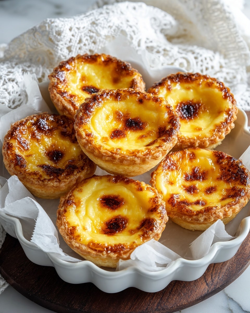 The image shows seven small egg tarts with a golden brown crust and a smooth, creamy yellow custard filling with a few dark brown spots on top from caramelizing. Four tarts are in a white round tray lined with soft white parchment paper, with the crust lightly puffed and textured, while three tarts are placed on a dark serving log behind the tray. They all sit on a white marbled surface covered partly with a white embroidered cloth. The light gives the tarts a warm, fresh look, highlighting the shiny, slightly browned custard centers. Photo taken with an iphone --ar 4:5 --v 7