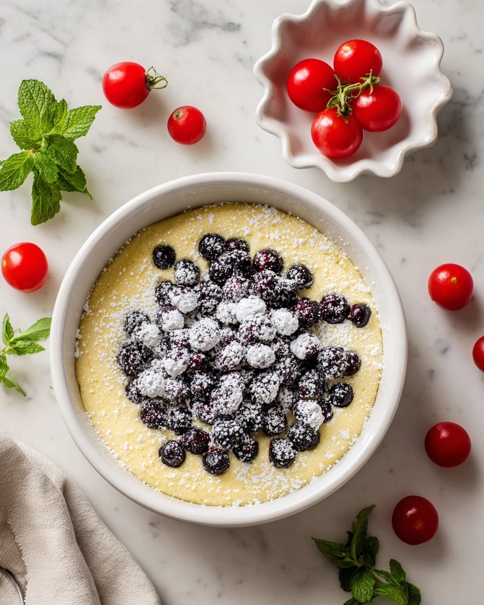 A white bowl filled with thick pale yellow batter, topped with a generous layer of frozen blackberries dusted in white powdered sugar scattered unevenly over the surface; around the bowl on a white marbled textured surface, there are bright red cherry tomatoes on green stems, fresh green mint leaves, and a small white scalloped dish holding three more red grape tomatoes with a sprig of mint. Photo taken with an iphone --ar 4:5 --v 7