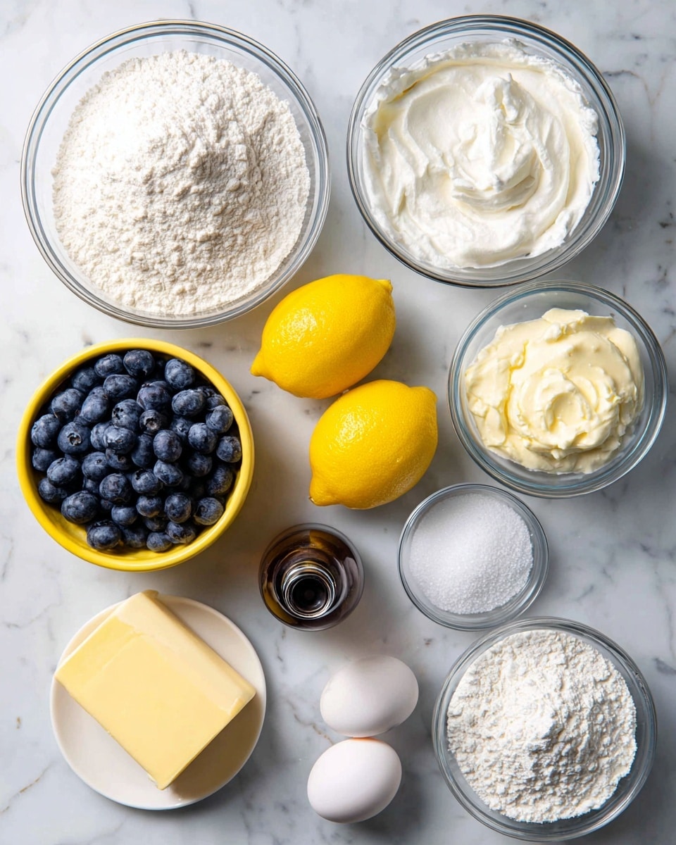 The image shows various baking ingredients neatly arranged on a white marbled surface. There is a clear glass bowl filled with white flour at the top left, next to another clear glass bowl filled with white granulated sugar; below the flour bowl is another glass bowl with white sour cream. Two whole bright yellow lemons sit side by side in the middle. A yellow bowl full of deep blue blueberries is placed slightly below the lemons. To the right of the blueberries is a small clear bowl with white baking soda, and below it a brown bottle labeled pure vanilla extract. Below the sour cream bowl, there is a small clear bowl with white baking powder, and a slightly larger bowl containing white kosher salt. Two white eggs rest in a white dish near the bottom center of the image, next to a stick of yellow unsalted butter. The items are spaced evenly and clearly labeled with black text. Photo taken with an iphone --ar 4:5 --v 7