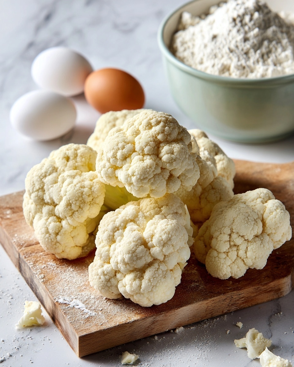 The image shows several pieces of raw cauliflower with a rough, bumpy texture scattered on a wooden cutting board. Behind the cauliflower, there is a white bowl filled with white flour, and two white eggs sit next to the bowl. Part of a green mixing bowl is visible in the background. Everything is placed on a white marbled surface. The colors in the image are mostly neutral with soft off-white from the cauliflower, pure white from the flour and eggs, and a light natural wood tone from the board. The lighting is soft and natural, highlighting the textures clearly. photo taken with an iphone --ar 4:5 --v 7