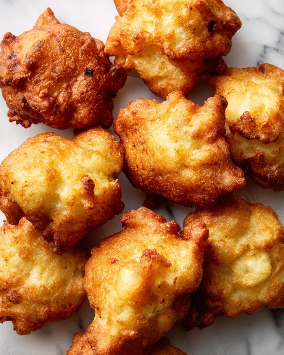 The image shows several golden brown fritters with a crispy texture, placed on a white paper towel. The fritters have uneven, flower-like shapes with rough edges and a lightly browned surface showing small darker browned spots. The paper towel underneath is slightly wrinkled and rests on a white marbled surface. The focus is close-up on the fritters, showing their detailed crunchy texture and fluffy inside. photo taken with an iphone --ar 4:5 --v 7