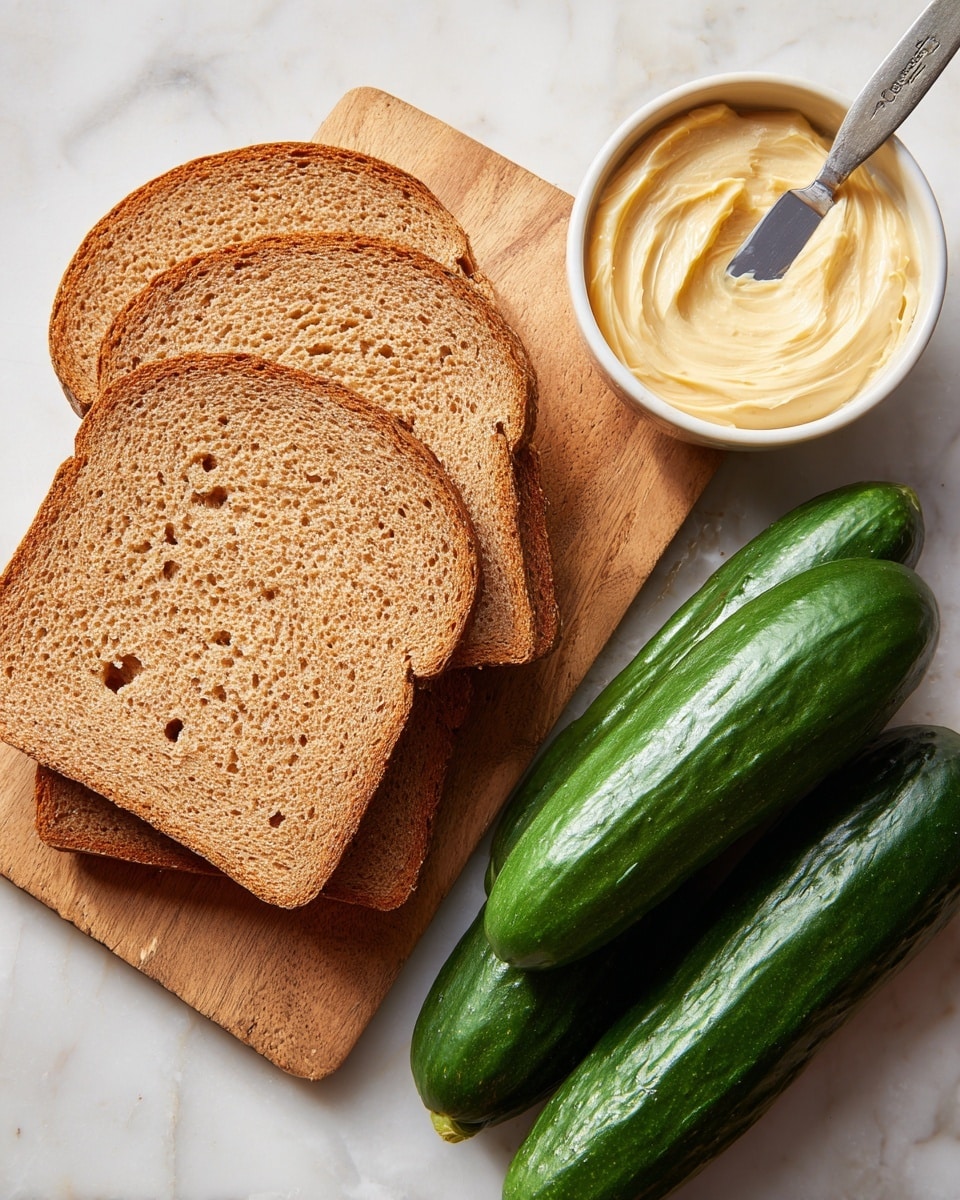 Three slices of whole wheat bread are placed overlapping on a wooden board at the left side of the image, showing a light brown, rough texture with some small holes. To the right, there are three dark green cucumbers with smooth, slightly shiny skin, arranged casually on a white marbled surface. Above the cucumbers, a small white bowl holds a creamy, pale yellow spread with a silver knife resting inside, the knife's blade coated with some of the spread. Photo taken with an iphone --ar 4:5 --v 7