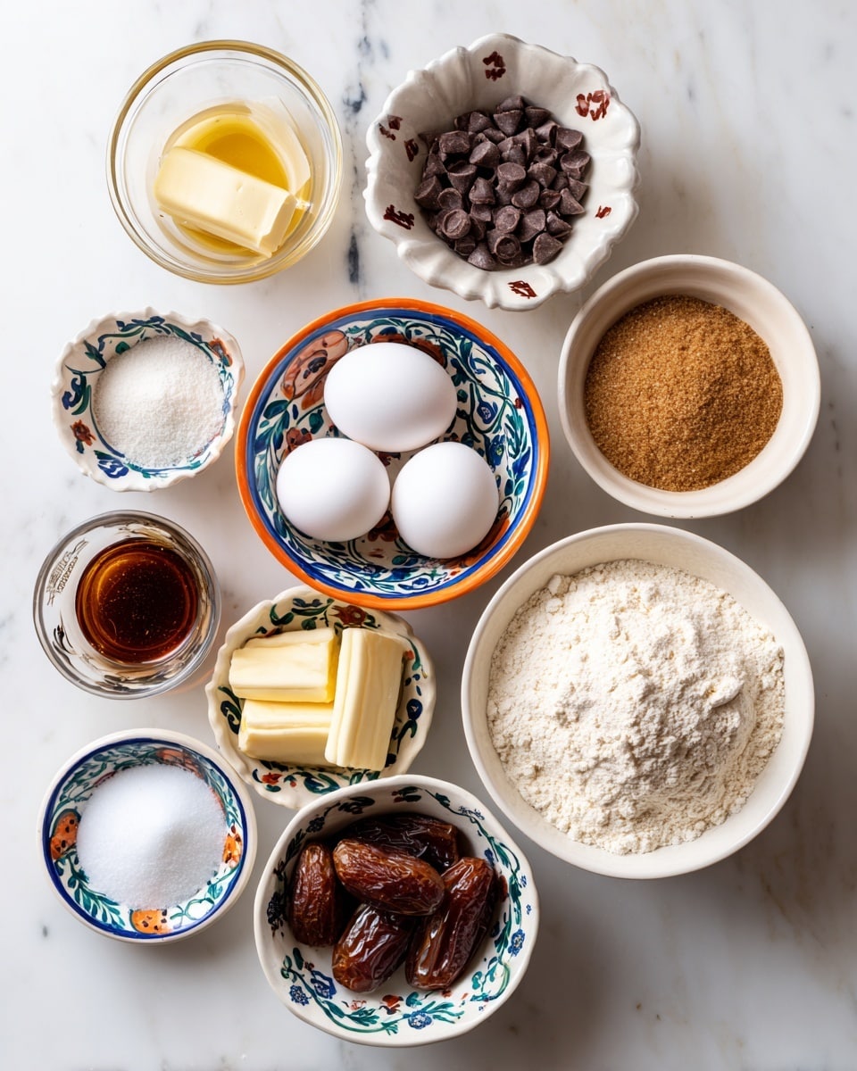 A top view of various baking ingredients placed on a white marbled surface, each in a small white bowl except for the eggs, which are in a white bowl with blue floral patterns and an orange rim. There are two white eggs in the patterned bowl. To the right, a white bowl filled with light brown brown sugar. Below that, a clear glass bowl holds dark brown chocolate chips. Next to the chocolate chips is a small white bowl with a light brown spice jar labeled ground cinnamon. A large white bowl filled with white all-purpose flour is at the bottom right. To the left of the cinnamon jar is a small white bowl with yellow unsalted butter sticks. Below the butter, a white bowl contains dark brown pitted dates. To the left, a white bowl with white granulated sugar. Above that, a small patterned bowl has dark brown vanilla extract. Next to that, a small white bowl with floral designs holds white salt. Finally, a clear glass jar containing boiling water is at the top left. photo taken with an iphone --ar 4:5 --v 7