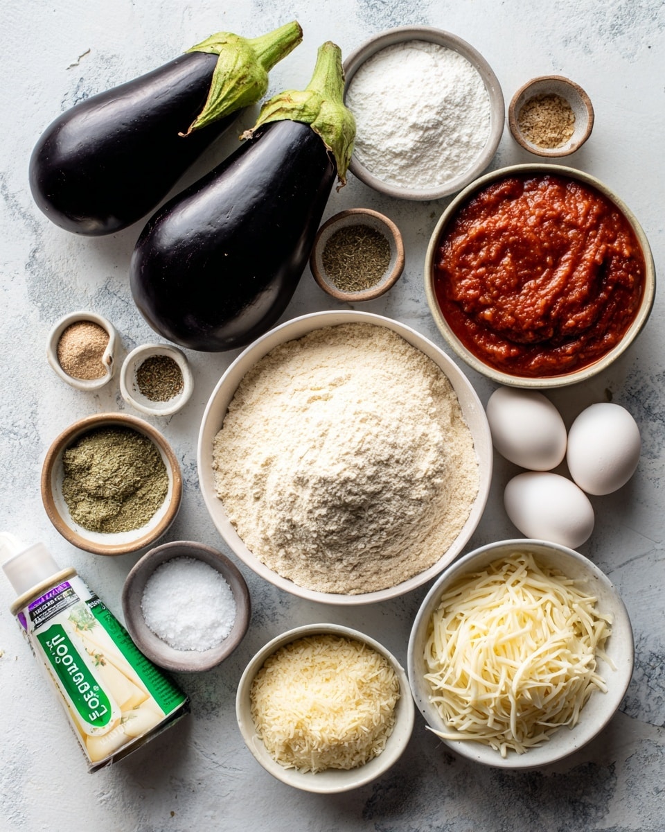 The image shows an arrangement of cooking ingredients on a white marbled surface. Two whole dark purple eggplants with light green tops are on the left. Next to them are small bowls holding white flour, mixed green and beige spices, and white salt. A large white bowl filled with light tan breadcrumbs sits near the center. To the right, a white bowl contains a chunky red tomato sauce. Three white eggs are placed near a green spray can of cooking oil. A small white bowl holds grated cheese, and next to it is a green and purple package of shredded mozzarella cheese. The overall setting suggests preparation for an eggplant dish photo taken with an iphone --ar 4:5 --v 7