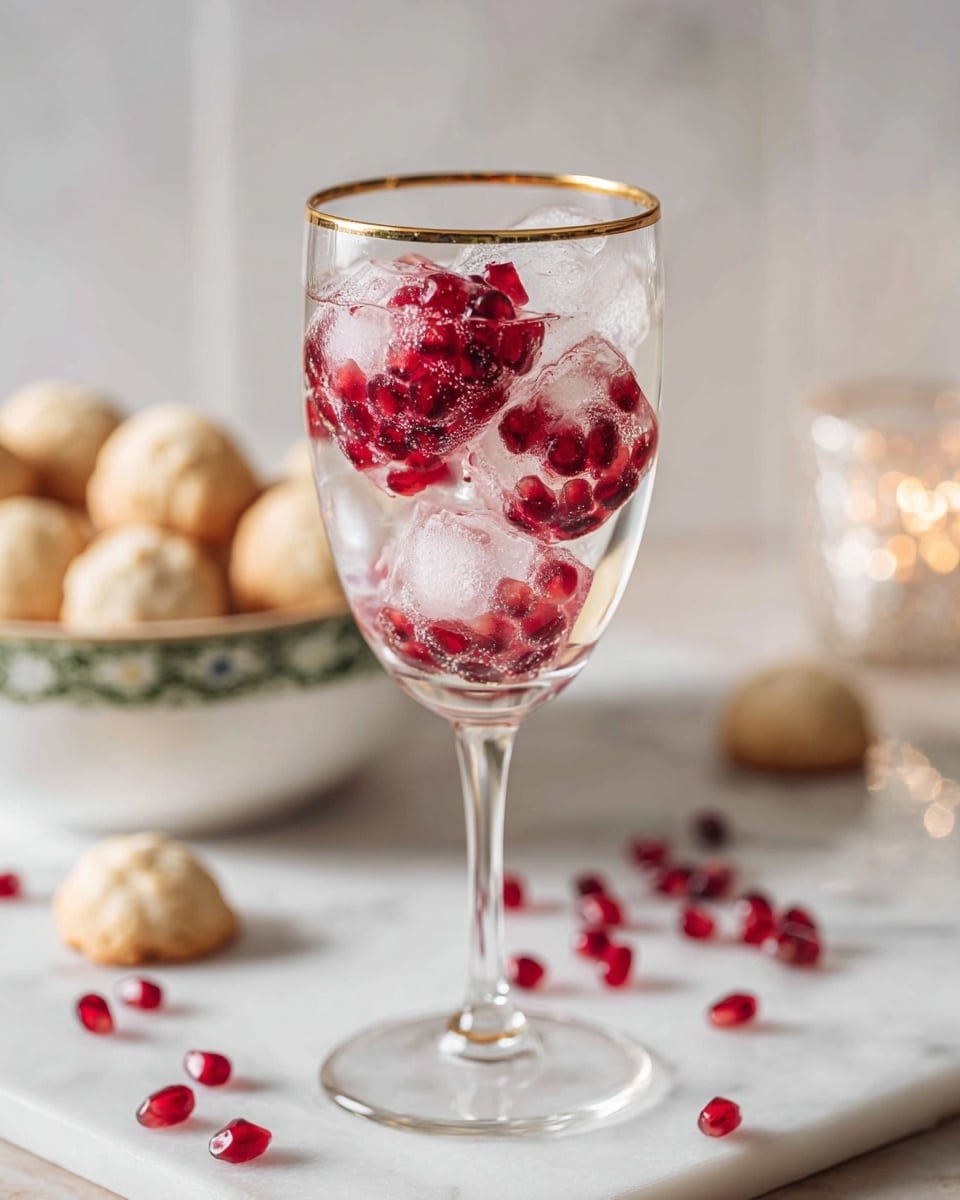 A clear glass with a thin stem holds six ice cubes filled with bright red pomegranate seeds, stacked inside the glass with the seeds visible inside each cube. The glass has a gold rim around the top and sits on a white marbled surface scattered with extra red pomegranate seeds and small beige round cookies. Behind the glass, there is a white bowl with a green trim filled with more of the same beige cookies, and a blurry candle in a glass holder lights the background softly. photo taken with an iphone --ar 4:5 --v 7