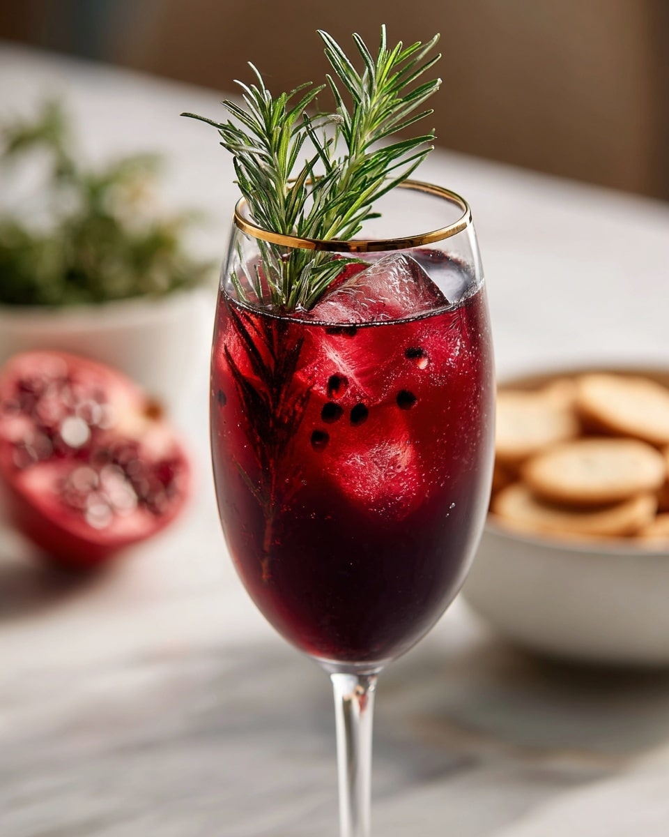 A tall wine glass with a thin golden rim is filled with a deep red drink and several clear ice cubes, giving the drink a cold and refreshing look. Inside the drink, small dark seeds or berries can be seen, adding texture and interest. Resting vertically in the glass is a fresh green rosemary sprig, its long thin leaves creating contrast with the red liquid. The glass is placed on a white marbled surface with blurred objects in the background, including a white bowl filled with light brown round snacks and a partially visible pomegranate. photo taken with an iphone --ar 4:5 --v 7