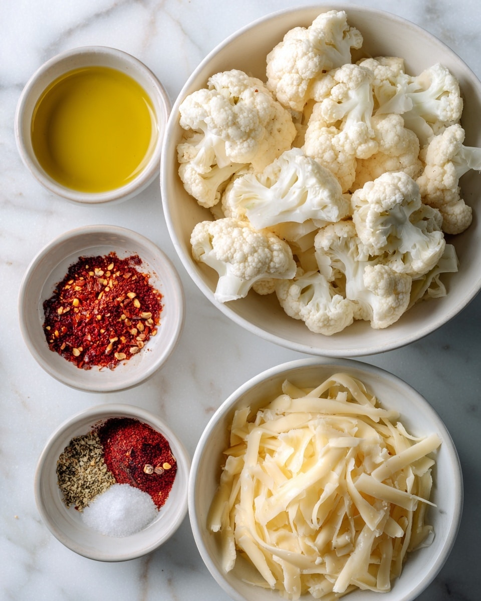 The image shows four white bowls on a white marbled surface. The largest bowl in the center is filled with many pieces of white cauliflower florets, which have a bumpy texture and off-white color with some light shadows between pieces. To the right is a medium bowl filled with finely shredded pale yellow cheese with soft fluffy texture. To the left is a small bowl with golden yellow oil that has a smooth surface reflecting light. Below it is another small bowl containing four sections of spices: red chili powder, white salt, light beige garlic powder, and red chili flakes, each section with a grainy texture. All bowls are white and neatly placed with some space between them, captured in soft natural light, photo taken with an iphone --ar 4:5 --v 7