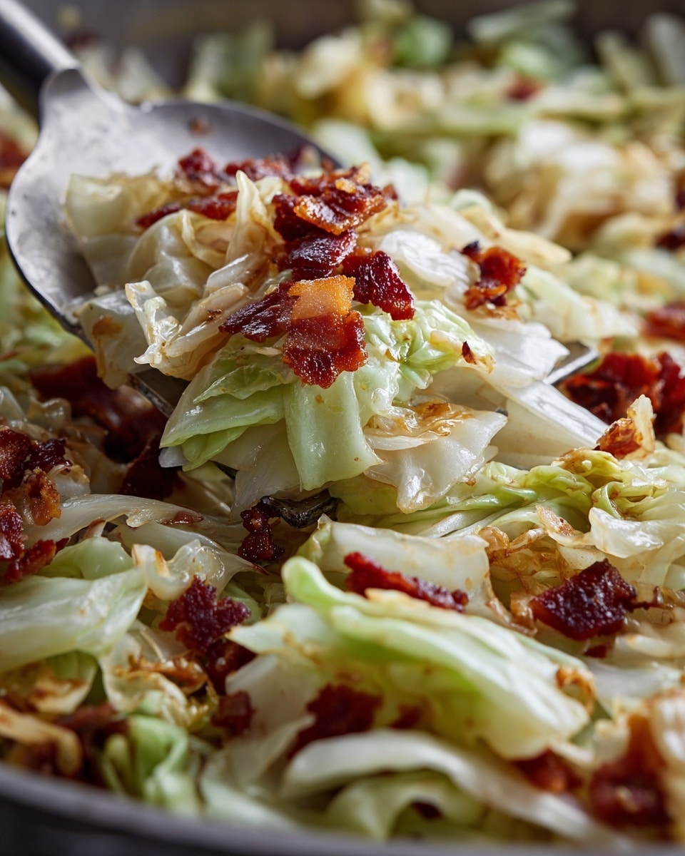 The image shows a close-up of fried cabbage and crispy brown bacon pieces being lifted with a metal spatula from a pan filled with cooked cabbage. The cabbage layers are light green and white, with slightly browned edges and a soft, shiny texture. The bacon pieces are dark reddish-brown, crispy, and scattered among the cabbage, adding a rough texture and rich color contrast. The background shows more of the cabbage in the pan with a white marbled texture beneath it. The light illuminates the shiny, cooked vegetables and bacon, highlighting their textures and colors. photo taken with an iphone --ar 4:5 --v 7