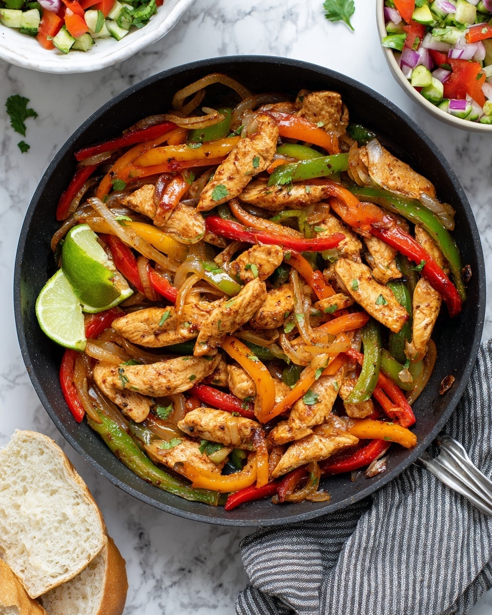 In the black pan, there are six pieces of cooked chicken with a light brown sear, mixed with long strips of red, yellow, and green bell peppers, and thin slices of cooked onions that are translucent and slightly golden. A wedge of lime is placed on the left side inside the pan, adding a fresh green touch. The pan sits on a white marbled surface, with parts of a white bowl with a colorful salad and pieces of bread visible in the corners. A gray and white striped cloth napkin lies on the right side. photo taken with an iphone --ar 4:5 --v 7