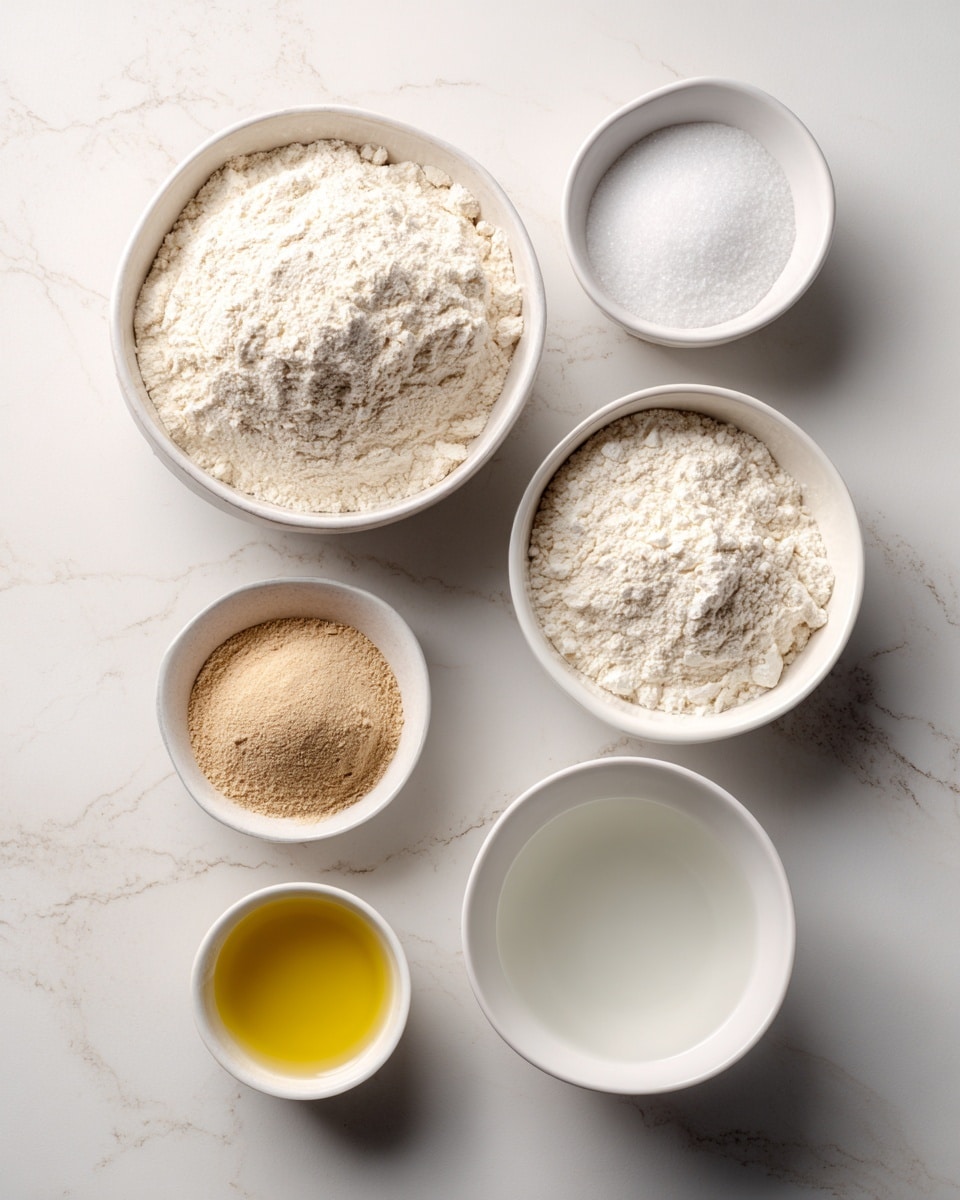 The image shows five white bowls on a white marbled surface, each holding a different baking ingredient. The largest bowl at the top left is full of light, powdery flour with a soft mound shape. To its right is a smaller white bowl filled with fine white salt in a flat layer. Below that, a white bowl contains two powders: a light brown instant yeast and a white baking powder next to it, both positioned in half-moon shapes side by side. On the bottom left, another white bowl holds pale yellow sunflower oil, smooth and glossy on the surface. At the bottom right, a medium white bowl is filled with clear water, showing a slight reflection on top. Photo taken with an iphone --ar 4:5 --v 7