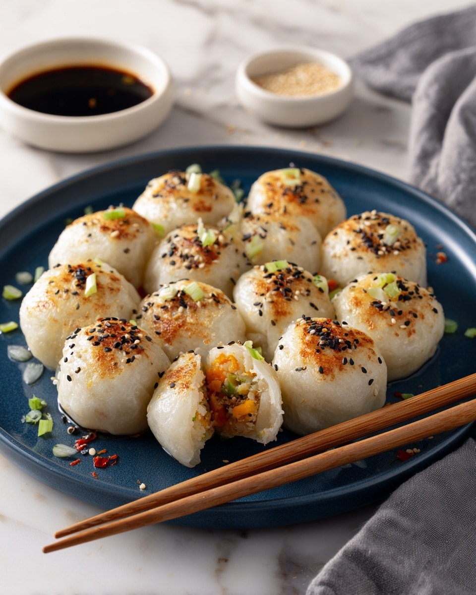 A round black pan holds seven steamed buns with a soft white dough outer layer. Five buns are smooth with sesame seeds and chopped green onions on top, while two buns have browned, slightly crispy bottoms with visible browned lines forming a star-like shape. One bun is split open, showing bright vegetable filling inside with thin slices of green cucumber, orange carrot, and other vegetables. A pair of wooden chopsticks held by a woman’s hand is lifting the open bun, highlighting the colorful inside. A small bowl of dark red chili sauce with seeds sits to the top left on a white marbled surface, scattered with a few pieces of chopped green onion around the pan. A light gray cloth is placed at the bottom part of the image. Photo taken with an iphone --ar 4:5 --v 7