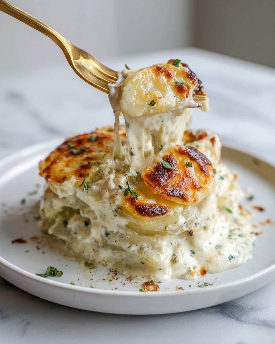 This image shows a white plate with thin slices of baked potatoes layered and covered in creamy white sauce with melted golden brown cheese on top. The dish has at least three layers visible: the soft potato slices in the middle, a thick creamy layer around them, and a top layer of browned cheese with small green herbs sprinkled across. A gold fork is lifting a bite with the creamy sauce dripping slightly. The plate is placed on a white marbled surface. photo taken with an iphone --ar 4:5 --v 7