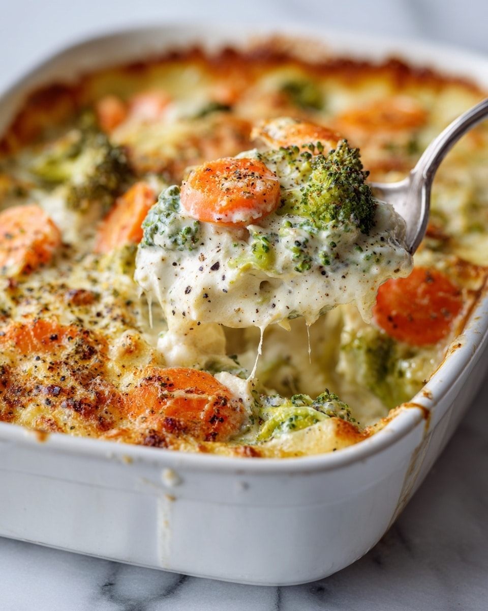 This image shows a close-up of a creamy vegetable casserole in a white dish. The dish has three main layers: bright orange baby carrots, green broccoli florets, and a thick white creamy sauce covering all the vegetables. The sauce looks smooth and slightly lumpy with specks of black pepper on top. The edges of the white casserole dish have some browned, crispy areas where the sauce has baked. The background is a white marbled surface. Photo taken with an iphone --ar 4:5 --v 7