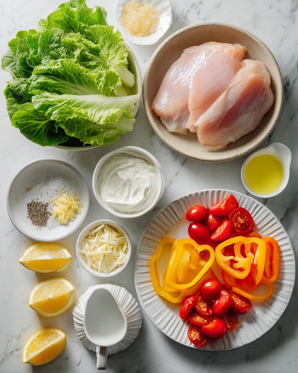The image shows raw ingredients arranged neatly on a white marbled surface. In the top right, a single large piece of pale pink chicken lies in a light brown bowl. To the left, there is a bunch of green leafy lettuce with textured crinkled leaves. Below the chicken, a small white dish holds a mix of salt and pepper, and to its right, a white ribbed plate carries three different colors of sliced bell peppers—yellow, orange, and red—along with halved red cherry tomatoes that add a bright red pop. In the lower section, a small plate contains two lemon wedges, and nearby there is a small bowl with white creamy yogurt, another small bowl with shredded light yellow cheese, a tiny container with a yellow mustard-like sauce, and a white ruffled cup with a small amount of olive oil. The whole scene is clean and fresh. photo taken with an iphone --ar 4:5 --v 7