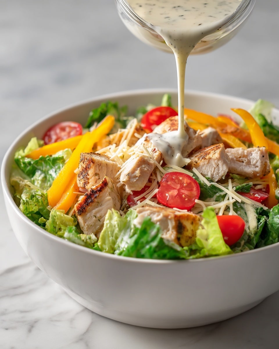 A white bowl filled with fresh green lettuce as the base layer, topped with bright yellow and orange bell pepper strips, small red cherry tomato halves, and light brown grilled chicken pieces scattered evenly. Thin white shredded cheese is sprinkled over the salad, and a creamy white dressing is being poured onto the top, creating a smooth texture over the ingredients. The bowl is set on a white marbled surface with a soft, neutral background. photo taken with an iphone --ar 4:5 --v 7