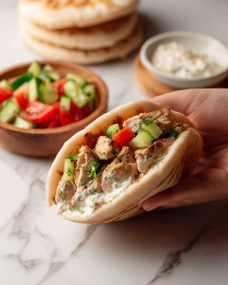 A close-up shows a woman's hand holding a soft, light beige pita bread folded gently. Inside, there are three main layers: the bottom layer is a creamy white sauce with specks of green herbs, the middle layer contains small, grilled pieces of chicken with a light brown and slightly charred texture, and the top layer has diced green cucumbers and red tomatoes adding fresh color. In the background, on a white marbled surface, there is a wooden bowl filled with a mix of diced cucumbers and tomatoes, a small white bowl with more creamy sauce, and a stack of additional pita breads. Photo taken with an iphone --ar 4:5 --v 7