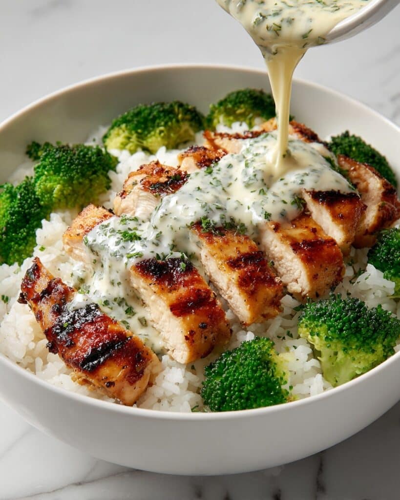 Grilled Chicken Broccoli Bowls with Creamy Garlic Sauce Recipe