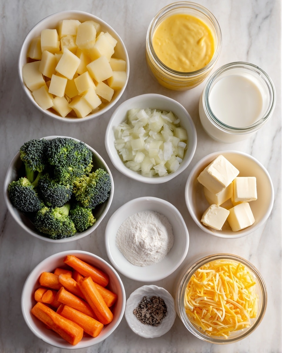 The image shows nine white bowls and jars arranged on a white marbled surface, each holding different ingredients. From left to right, starting at the top left, there is a bowl filled with light yellow cubed potatoes, then a jar with a thick yellow sauce. Below the jar is a small bowl of diced white onions. In the center is a bowl filled with dark green broccoli pieces. To the right of this are two small white bowls, one holding white flour and the other with black pepper. Next, there is a small bunch of light-yellow butter cubes stacked next to a small bowl containing sliced garlic. On the far right side are three bowls stacked, one filled with bright orange sliced carrots, one with white milk in a glass jar, and the last with shredded yellow cheddar cheese. The plain white marbled surface background keeps the focus on the colorful fresh ingredients. Photo taken with an iphone --ar 4:5 --v 7