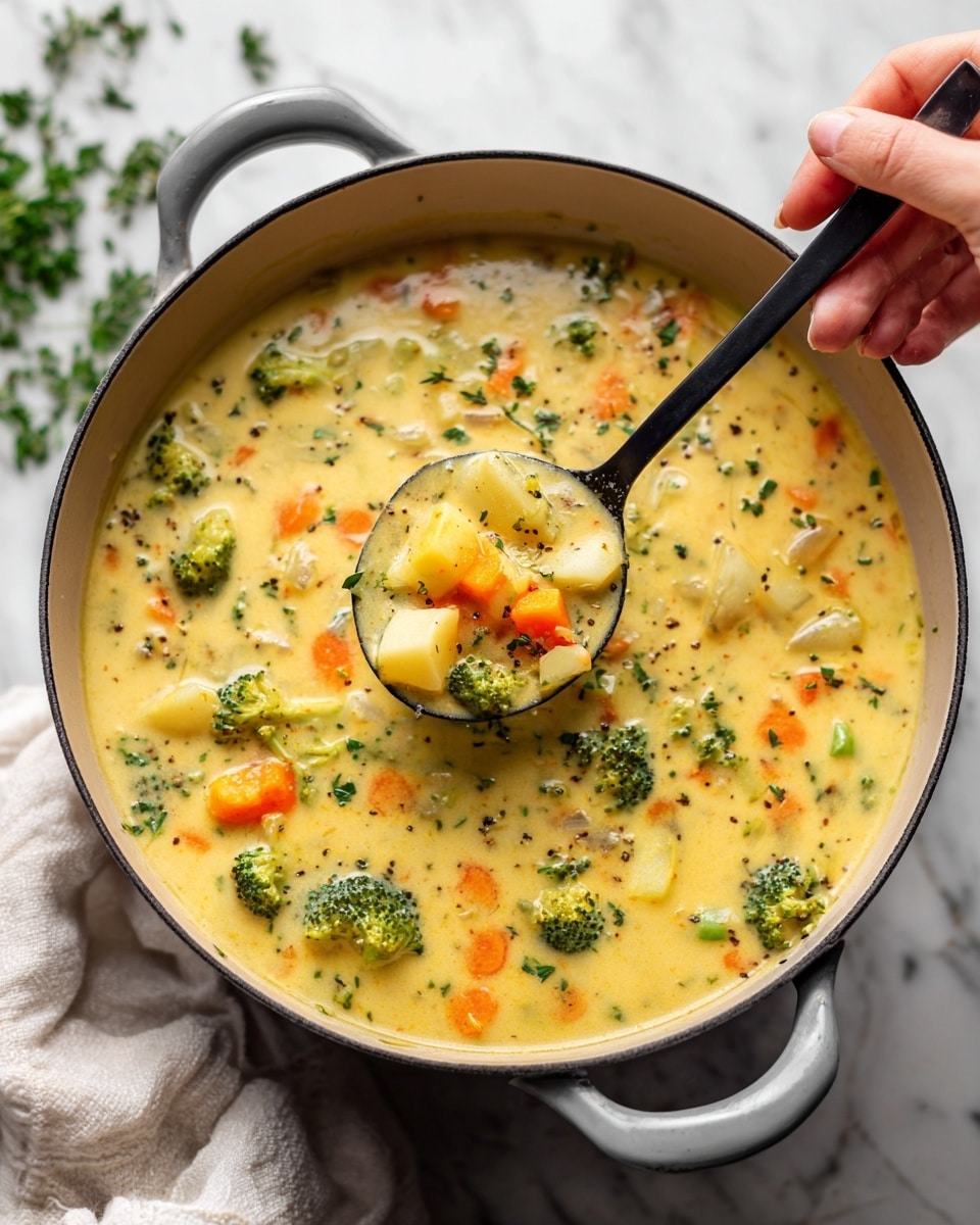 A close-up view shows a thick soup held in a gray pot with handles on a white marbled surface. The soup is creamy yellow with visible chunks of orange carrots, green broccoli pieces, and small white potato cubes mixed throughout. A woman's hand holds a black spoon in the center of the image, lifting a spoonful of the soup that highlights the chunky texture and colors of the vegetables. There is a light white cloth on the left side and some green herbs blurred in the background. Photo taken with an iphone --ar 4:5 --v 7