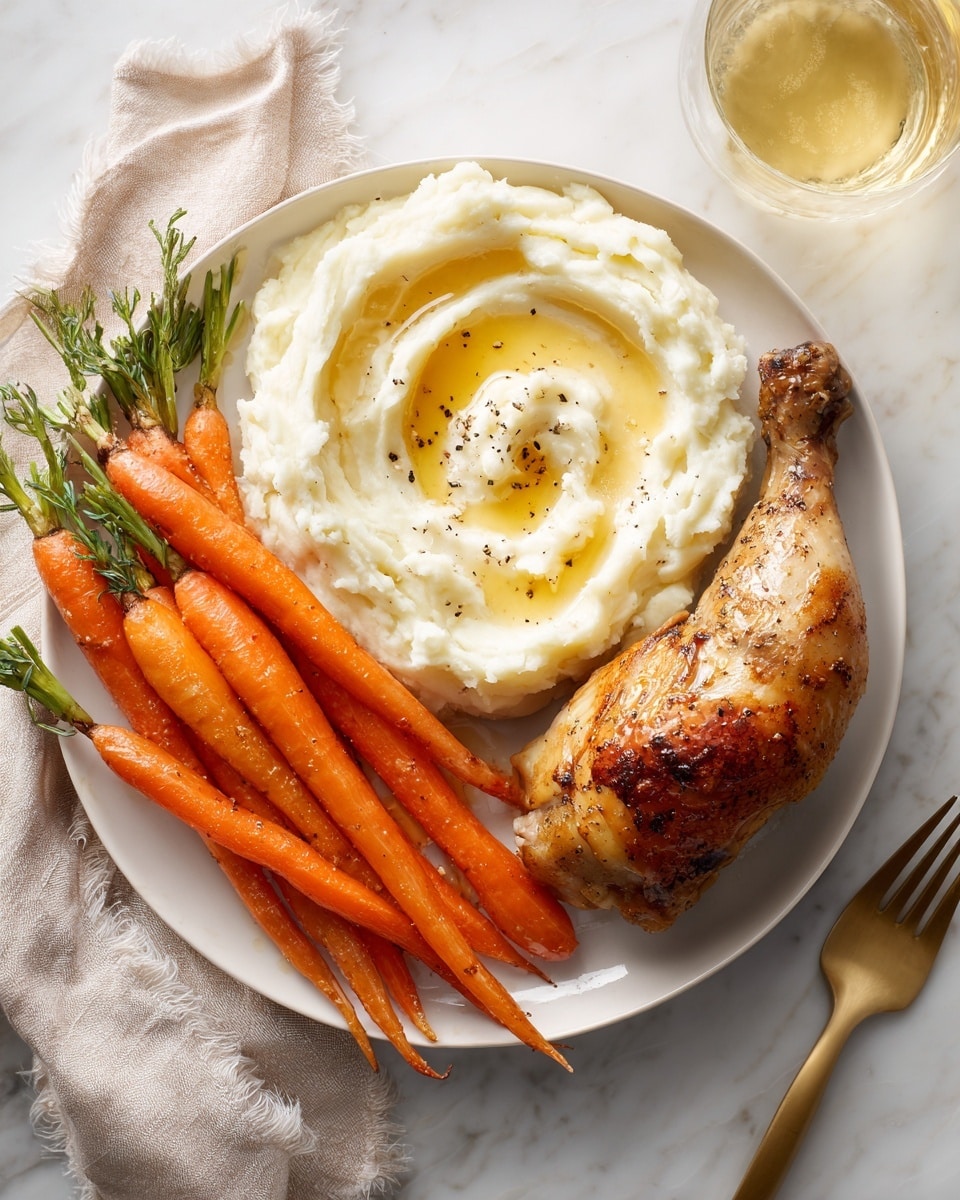 The image shows a white round plate with three parts stacked side by side: on the left, three bright orange whole cooked carrots with green tops, in the center, a swirl of creamy mashed potatoes topped with some herbs and a sprinkle of red seasoning, and on the right, a piece of cooked chicken covered with green herbs and thin yellow lemon strips on top. The plate sits on a wooden cutting board with a fork and a knife placed on the right side of the board. The background is a white marbled surface. Photo taken with an iphone --ar 4:5 --v 7