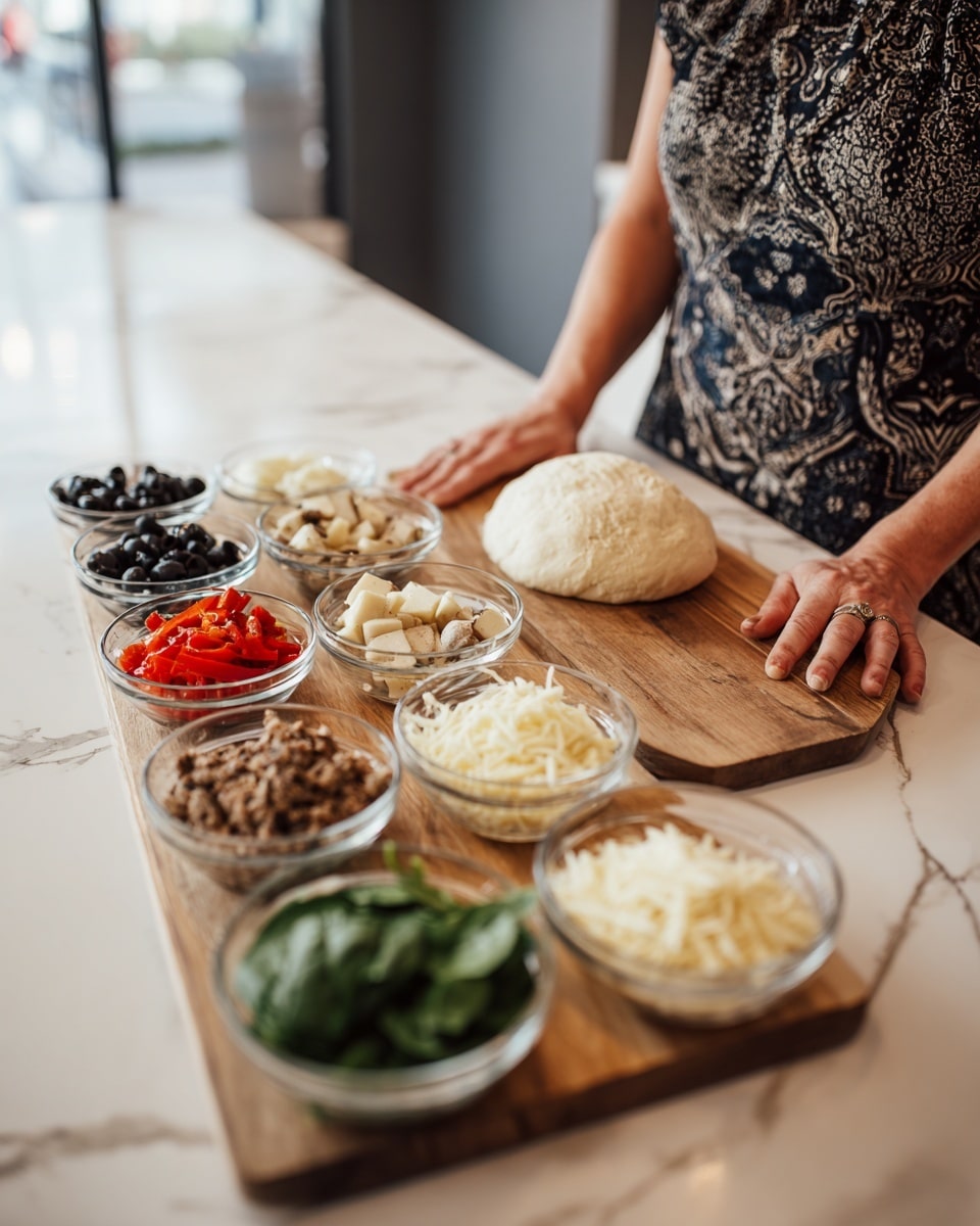 A wooden cutting board sits on a white marbled counter with a ball of dough placed in the center of the board. Around the board on the counter are several small clear glass bowls arranged in a row, each filled with different ingredients. From left to right, the bowls contain black olives, red peppers, small white pieces, some sliced mushrooms, light brown cooked potatoes, fresh green spinach leaves, a mound of shredded white cheese, and ground meat. Behind the cutting board, a woman wearing a patterned black and white top holds the board steady with her right hand while resting her left hand near the right edge of the board. Photo taken with an iphone --ar 4:5 --v 7