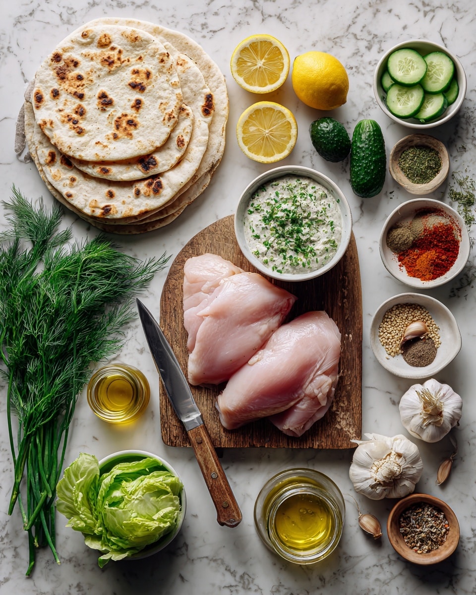 The image shows fresh ingredients arranged on a white marbled surface, centered around a wooden cutting board holding three smooth, pink raw chicken pieces and a small knife with a wooden handle. To the left, there is a stack of round flatbreads with a light toasted look. A white bowl filled with creamy yogurt sauce topped with green herbs sits below the flatbreads. Around the board are two whole lemons and lemon wedges, a bunch of fresh green dill, and a halved head of green lettuce. A white bowl holds neatly sliced cucumbers and two small whole cucumbers. Several small glass jars and bowls contain golden oils, dried herbs, spices in red and brown tones, and a small wooden bowl with sesame seeds. Cloves of garlic are placed near the bottom right, completing the fresh, natural setting. photo taken with an iphone --ar 4:5 --v 7