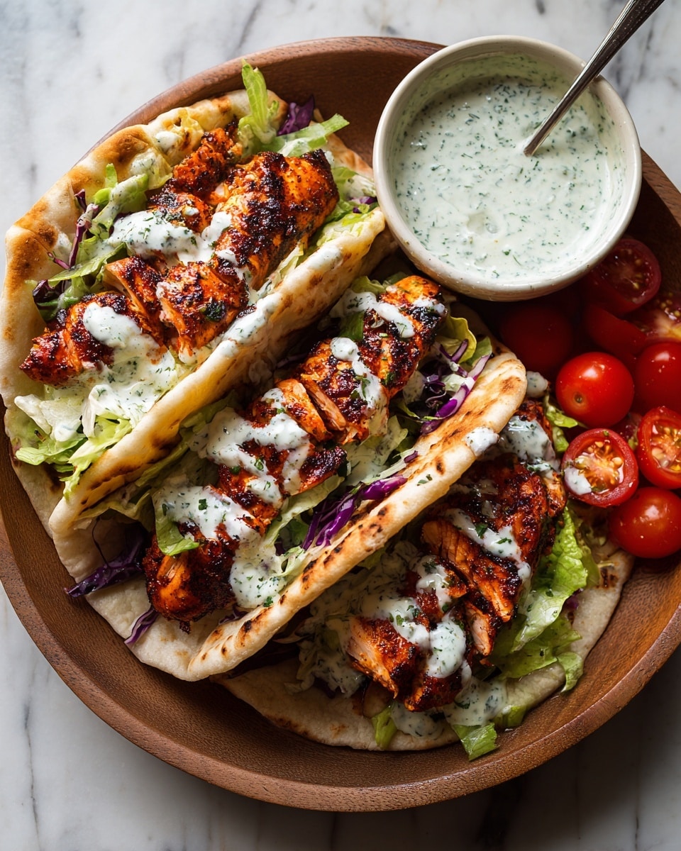Three flatbreads are laid out side by side on a square wooden board with a white marbled textured paper beneath them. Each flatbread has a base layer of thin, light tan bread with slightly charred spots. On top of the bread, there is a layer of sliced fresh green cucumbers followed by a generous layer of shredded pale green lettuce. Grilled pieces of golden-brown chicken with slight char marks are spread over the lettuce. White creamy sauce with flecks of green herbs is drizzled over the chicken and lettuce, topped with small sprigs of fresh dill. Around the flatbreads, fresh dill and loose lettuce pieces are scattered. Two clear glass bowls filled with the same white sauce with herbs and metal spoons are placed at the top left and bottom right corners of the board. photo taken with an iphone --ar 4:5 --v 7