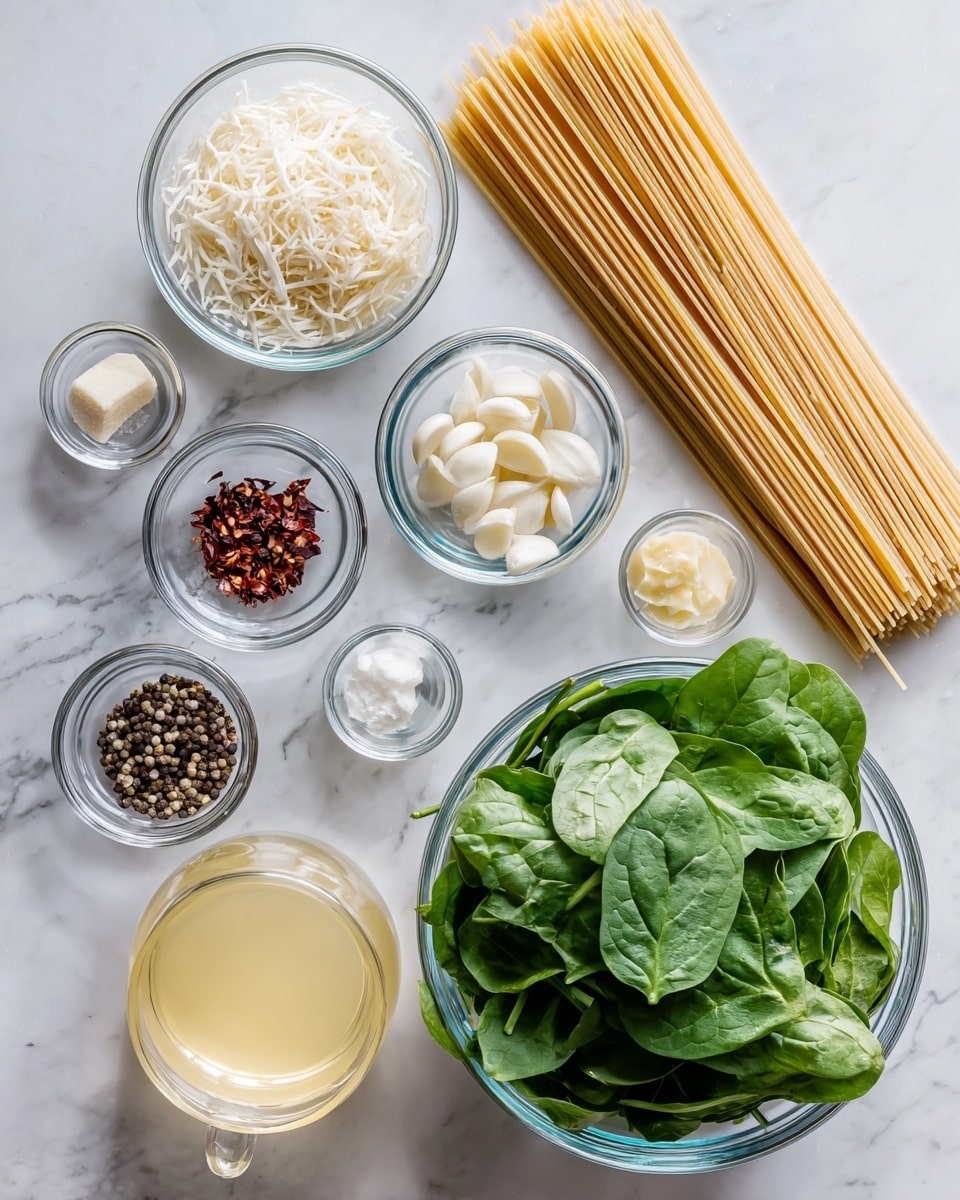 The image shows many small glass bowls and a large glass bowl placed on a white marbled surface. The large bowl on the right side is full of fresh green spinach leaves. Next to it, there is an uncooked bundle of spaghetti laying flat. Small bowls hold different ingredients: white sliced onions, grated white cheese, dried red chili flakes, salt, black pepper, minced garlic, butter, and a white creamy ingredient. There is also a glass container filled with light yellow broth placed near the bowls. Each ingredient is neatly arranged and separated, showing clear textures and colors. Photo taken with an iphone --ar 4:5 --v 7