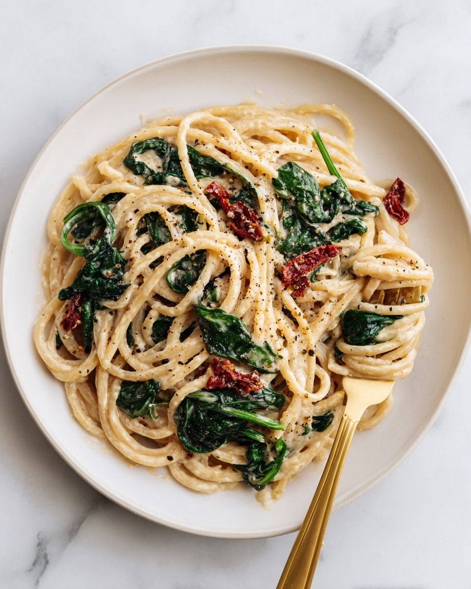 A white round plate filled with creamy pasta showing a few thick long noodles mixed with wilted dark green spinach leaves and small pieces of sun-dried tomatoes that add red patches. The sauce is light brown-beige in color and coats the noodles smoothly, also sprinkled lightly with black pepper. A gold fork on the right side of the plate holds a small twisted portion of the noodles. The plate sits on a white marbled surface. Photo taken with an iphone --ar 4:5 --v 7
