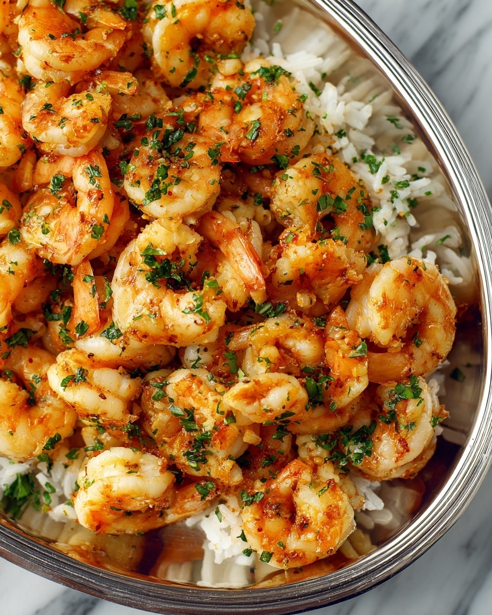 The image shows a close-up of a dish mostly filled with small, curled, cooked shrimp that are orange and white. The shrimp are mixed with white rice which is visible beneath and between the pieces. There is a sprinkle of chopped green herbs scattered over the entire dish, adding patches of fresh green color. The food is served on a shiny silver utensil visible at the bottom right corner. The background is a white marbled texture. Photo taken with an iphone --ar 4:5 --v 7
