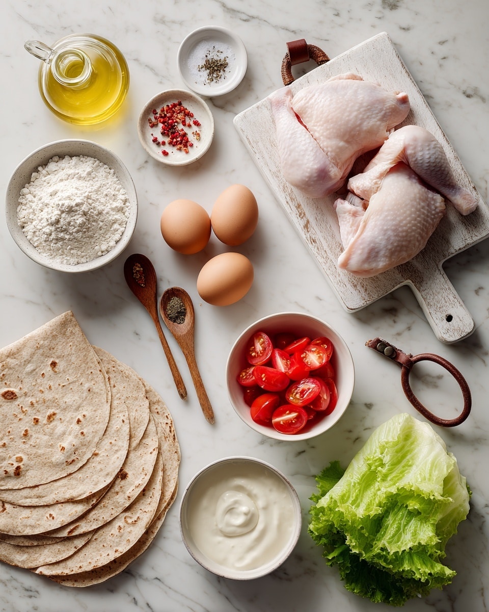 The image shows raw ingredients neatly arranged on a white marbled surface. At the top right are two pink raw chicken pieces placed on a small cutting board with a leather loop. Below the chicken, there is a small white bowl filled with white flour. To the left of the flour are two brown eggs, next to two ceramic spoons with red and white spices. Further left, two small wooden spoons lay flat with salt and black pepper. At the left side, there are six folded whole wheat tortillas stacked together. Below the tortillas, a small white bowl holds sliced bright red tomatoes, and next to it is another white bowl with creamy white ranch dressing, with a small wooden spoon inside. At the bottom, fresh green lettuce leaves are spread out. In the top left corner, a glass jug filled with light yellow oil completes the setup. photo taken with an iphone --ar 4:5 --v 7