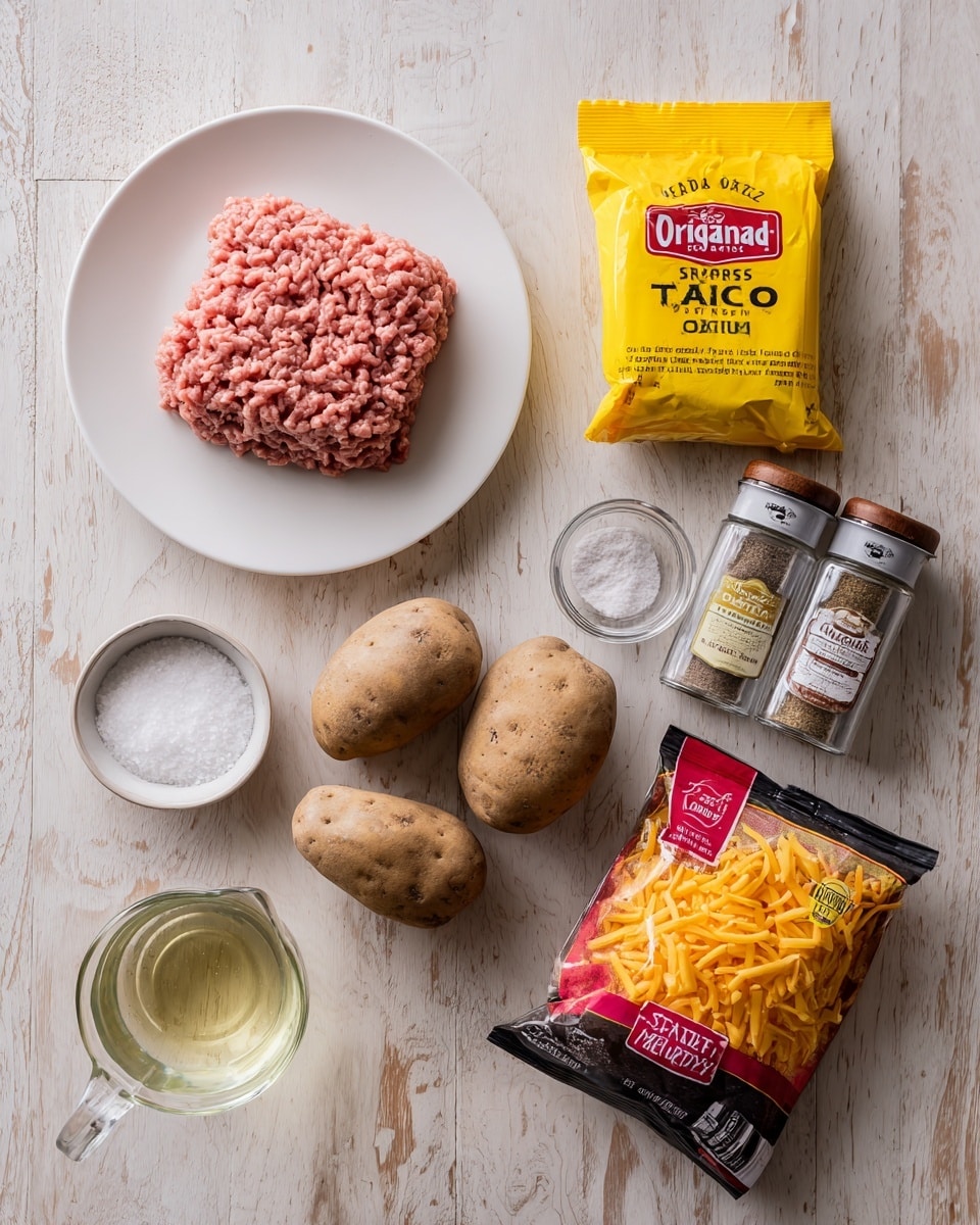 The image shows a wooden surface with cooking ingredients neatly arranged. At the top left, there is a white plate with a block of raw ground meat, pink and textured. To the right of the plate is a bright yellow packet of taco seasoning mix labeled