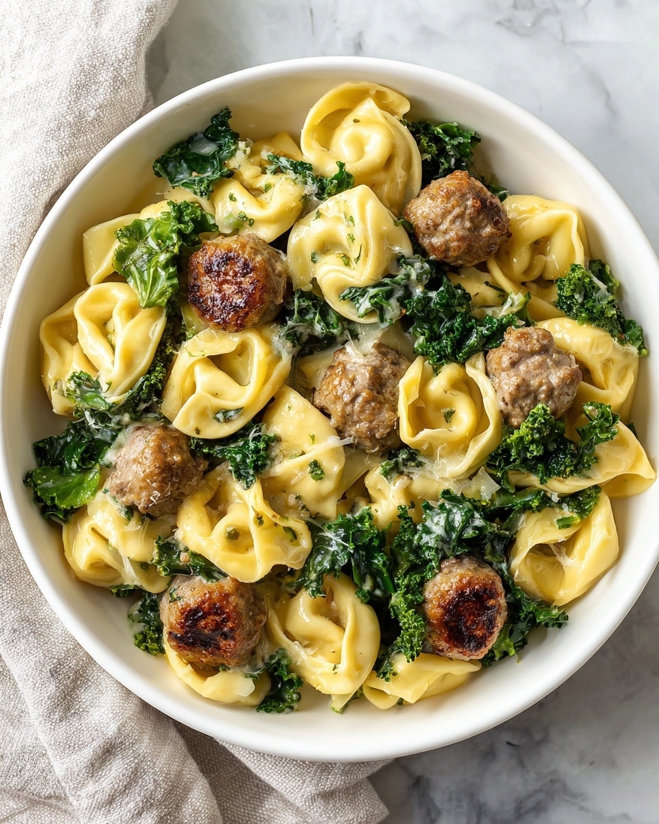 A white bowl filled with creamy tortellini pasta mixed with small browned meatballs and bright green leafy kale pieces, all evenly coated in a smooth, light-colored cheese sauce. The tortellini have a soft, slightly shiny texture with some folded edges, while the meatballs show a browned, rustic crust. The green kale adds a fresh and slightly wilted contrast throughout the dish. The bowl sits on a white marbled surface, and a soft cloth napkin is partly visible on the side. Photo taken with an iphone --ar 4:5 --v 7