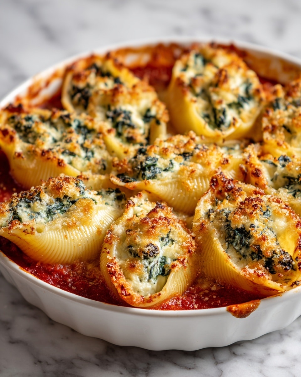 A round, white dish filled with large pasta shells arranged in two neat rows, each shell stuffed with a creamy, white cheese and chopped dark green spinach, topped with a light golden brown baked cheese crust. The shells sit on a thick, rich, red tomato sauce that covers the bottom of the dish. The edges of the pasta are slightly browned, showing they are baked. The dish is placed on a white marbled surface. photo taken with an iphone --ar 4:5 --v 7