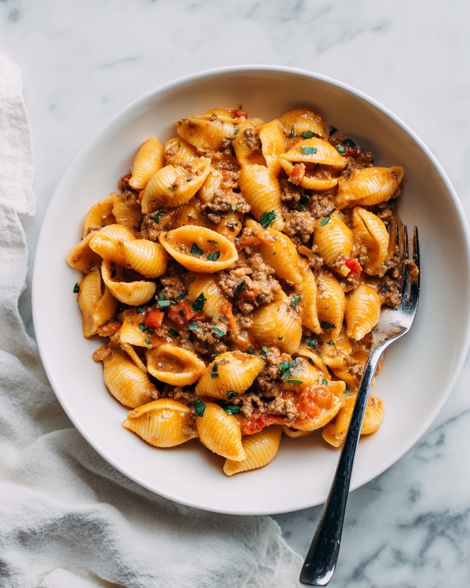 A white round bowl filled with creamy pasta shells mixed with small pieces of cooked ground meat and diced tomatoes, all coated in an orange-colored sauce. The pasta shells are whole and slightly shiny with a soft texture, scattered evenly throughout the dish. Small green herb pieces are sprinkled on top for garnish. A metal fork with a black handle rests on the side of the bowl. The bowl sits on a white marbled surface with a soft white cloth nearby. Photo taken with an iphone --ar 4:5 --v 7