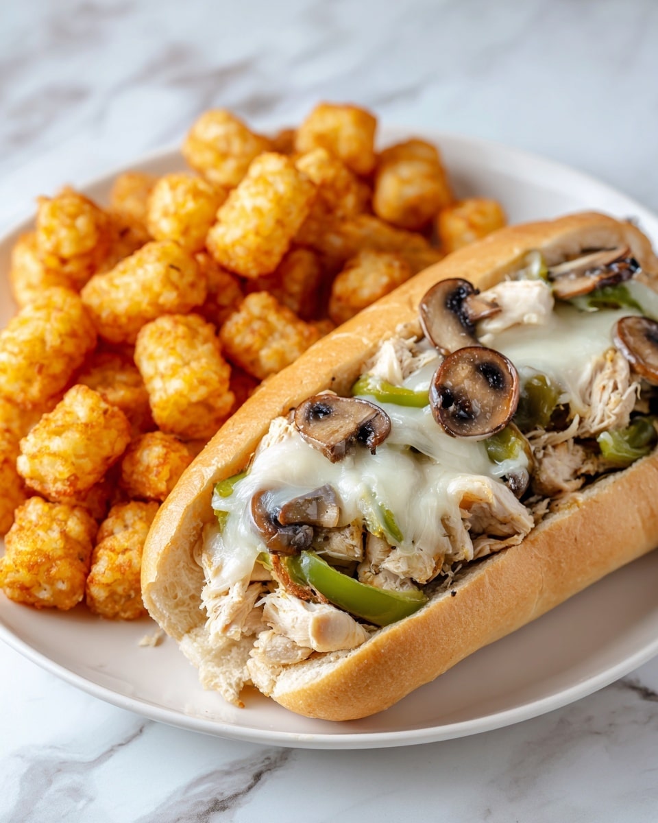 A white plate holds a sandwich and tater tots on a white marbled surface. The sandwich is in a soft, light brown hoagie roll, sliced open and filled with cooked chicken pieces that are light brown, green bell pepper slices, and dark brown mushrooms. Melted white cheese covers the top of the filling, slightly oozing down the sides. Next to the sandwich, there is a pile of golden yellow crispy tater tots. Photo taken with an iphone --ar 4:5 --v 7
