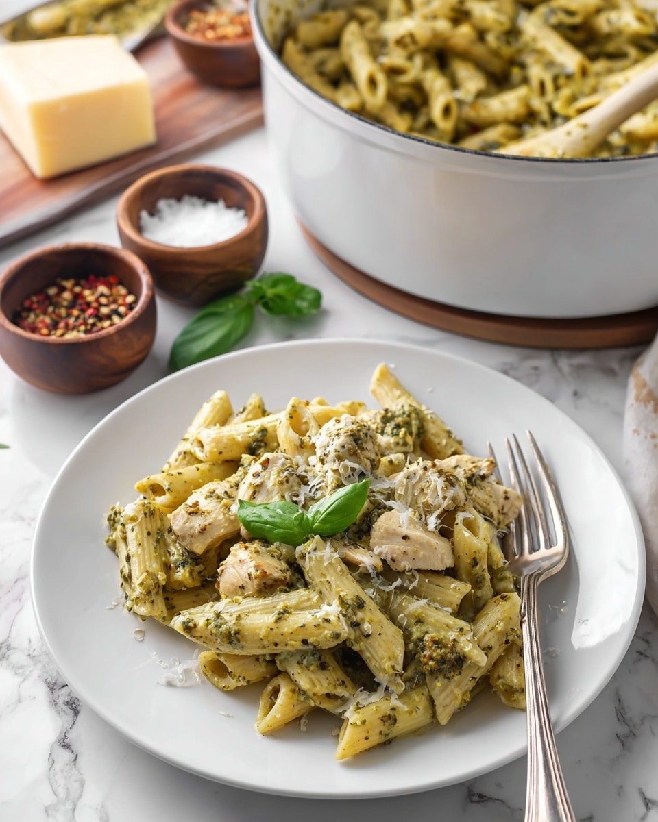 A white plate holds a serving of penne pasta mixed with small chunks of cooked chicken, all coated in a creamy green pesto sauce with visible herbs and spices. The pasta is topped with a light sprinkling of grated cheese and a few fresh green basil leaves. To the right of the plate is a silver fork resting on the edge. In the background, there is a large white pot filled with more of the pesto pasta, along with small wooden bowls containing salt and pepper, a chunk of hard cheese, and a white bowl with red pepper flakes and a spoon. The setting is on a white marbled surface. photo taken with an iphone --ar 4:5 --v 7