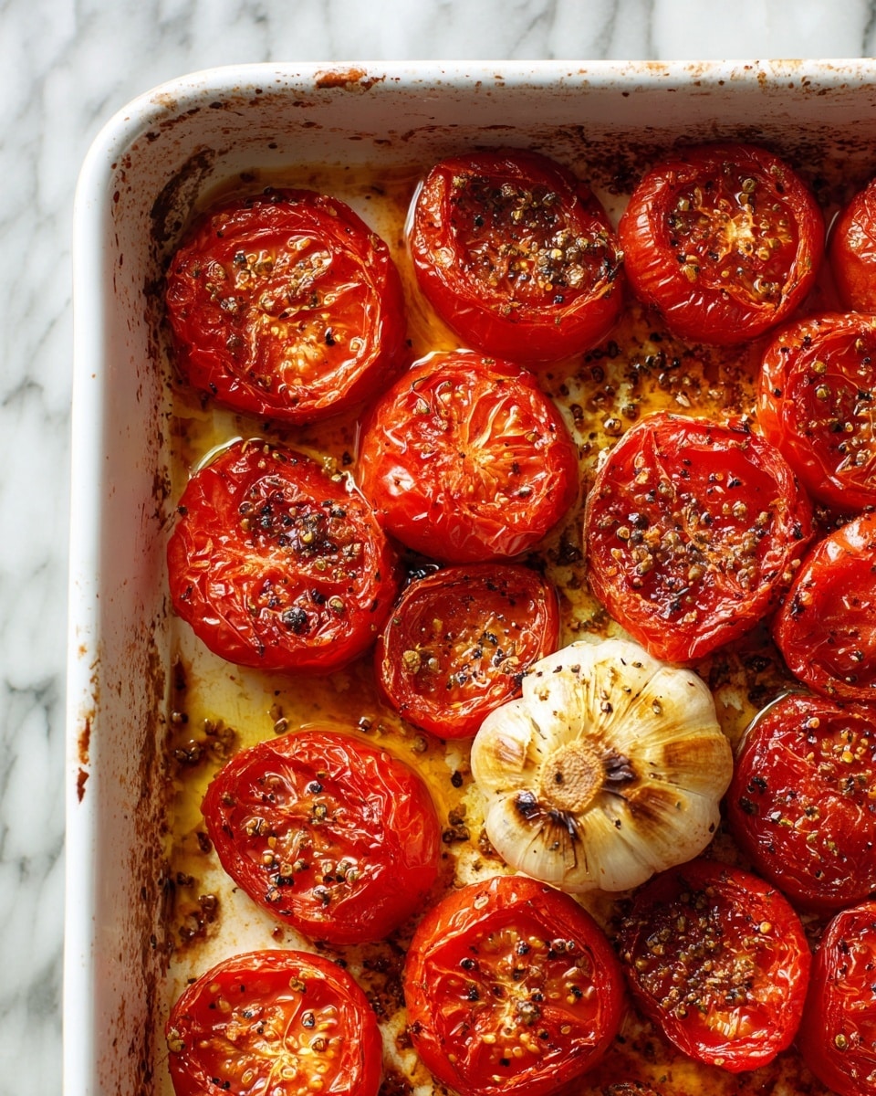 A white baking dish filled with roasted tomato halves, arranged in neat rows, showing bright red with slightly wrinkled skin and black pepper sprinkled on top. Among the tomatoes is a whole garlic bulb roasted to a light golden color with some caramelized spots, positioned near the bottom center. The surface beneath the tomatoes has a light layer of oil with some brown roasted marks. The background is a white marbled texture. Photo taken with an iphone --ar 4:5 --v 7