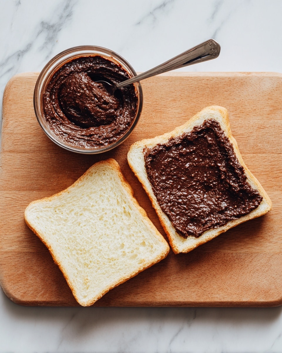 A wooden cutting board on a white marbled surface holds two square slices of white bread placed side by side; the slice on the right is fully spread with a thick, dark brown, grainy paste, while the slice on the left is plain. Above the bread slices, there is a small clear glass bowl containing more of the dark brown paste, with a silver spoon resting inside. The textures contrast between the soft bread and the coarse paste. Photo taken with an iphone --ar 4:5 --v 7