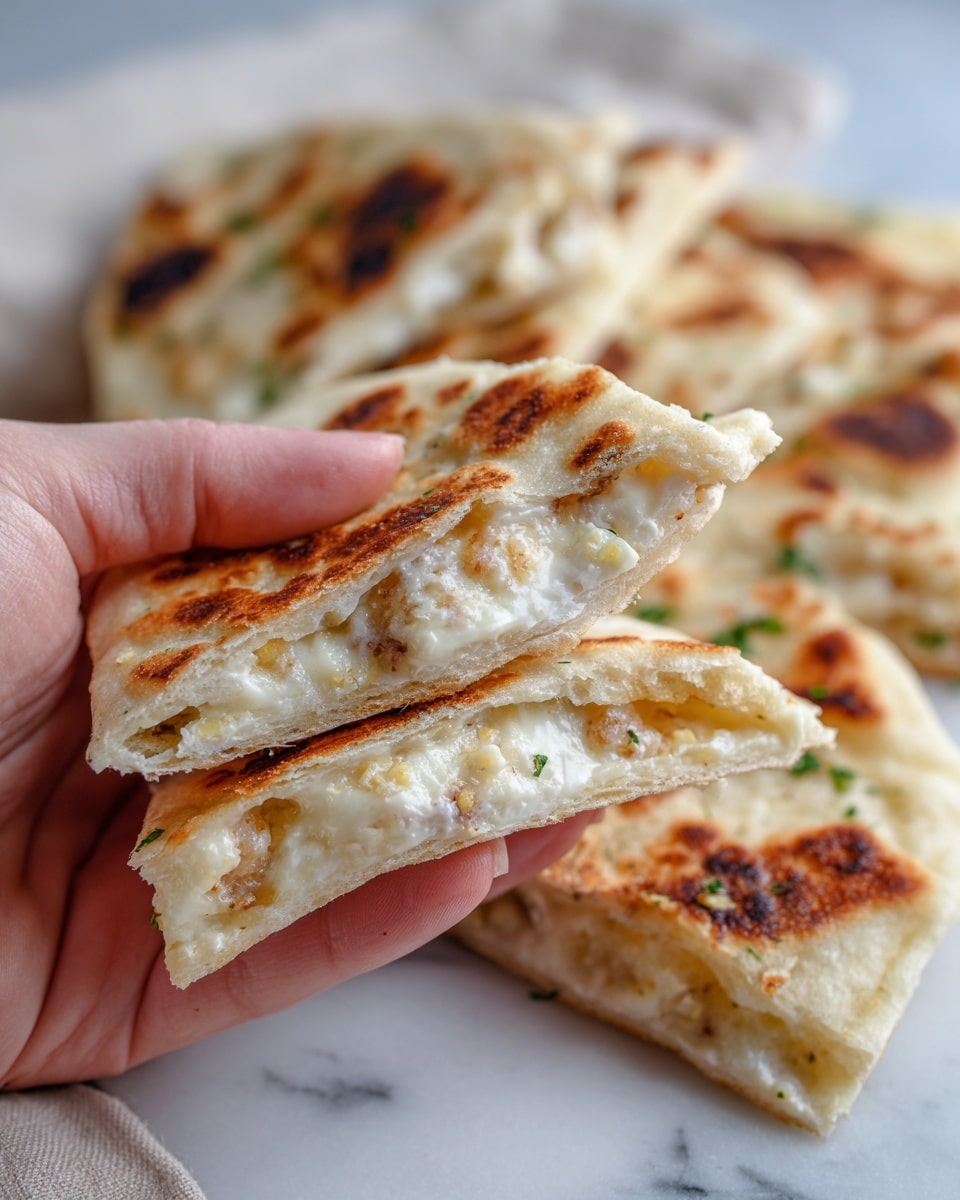 The image shows a stack of seven golden brown flatbreads with crispy, slightly bubbled surfaces, sprinkled lightly with green herbs scattered across the top layers. Each flatbread is folded and layered on a light wooden board, showcasing the soft, fluffy texture along the edges and areas with darker toasted spots. In the background, there is a white scalloped bowl filled with red and orange cherry tomatoes and a glass of light-colored drink on a white marbled table, setting a cozy and fresh mood. Photo taken with an iphone --ar 4:5 --v 7