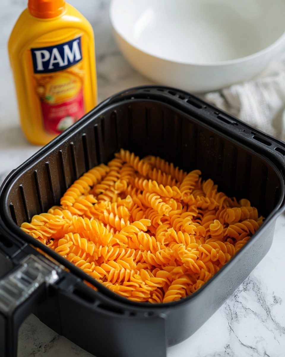 The image shows a black air fryer basket filled with a single layer of orange twisted pasta pieces. Behind the basket, there is a yellow and red spray can of cooking oil labeled