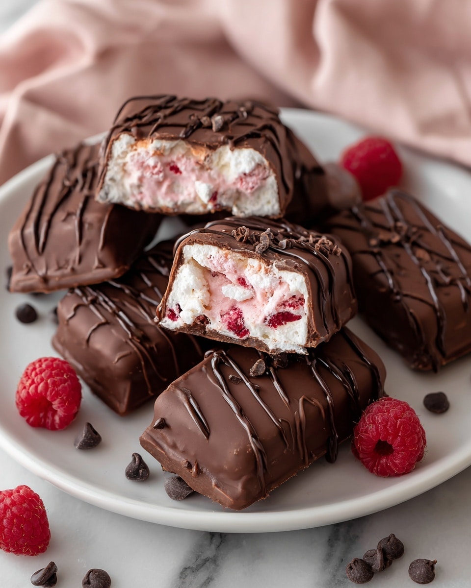The image shows a white plate filled with several rectangular chocolate-covered treats, each with a smooth dark brown chocolate coating and thin drizzles of chocolate on top. One piece is broken open to reveal a creamy white and light pink filling mixed with small bright red fruit pieces inside. Some treats have part of the filling exposed on top, showing a marshmallow-like texture with embedded red fruit bits and dark chocolate drizzle. Around the plate, there are a few fresh whole raspberries and small dark chocolate chips scattered. The plate rests on a white marbled surface with a soft pink cloth partly visible. photo taken with an iphone --ar 4:5 --v 7