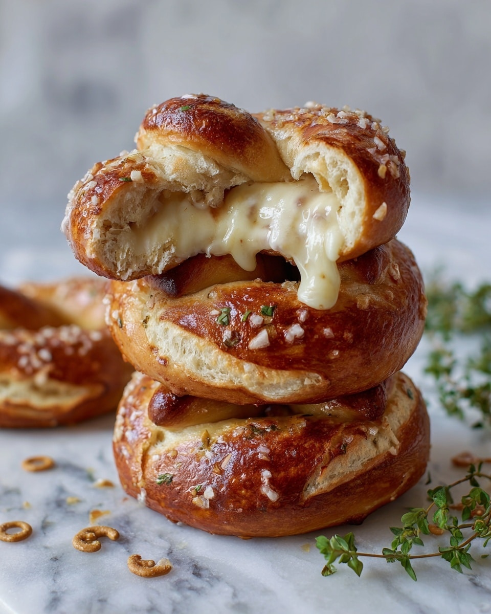 The image shows a stack of three soft, golden-brown pretzels with a shiny, slightly crispy texture. The top pretzel is broken open, revealing a thick layer of melted cheese inside that looks creamy and smooth, oozing out slightly. The pretzels have a sprinkled salt topping and small green herbs mixed into the dough, showing a mix of light and darker brown colors from baking. Around the stack, there are small round pretzels on a white marbled surface with a sprig of green herb resting nearby. The photo taken with an iphone --ar 4:5 --v 7