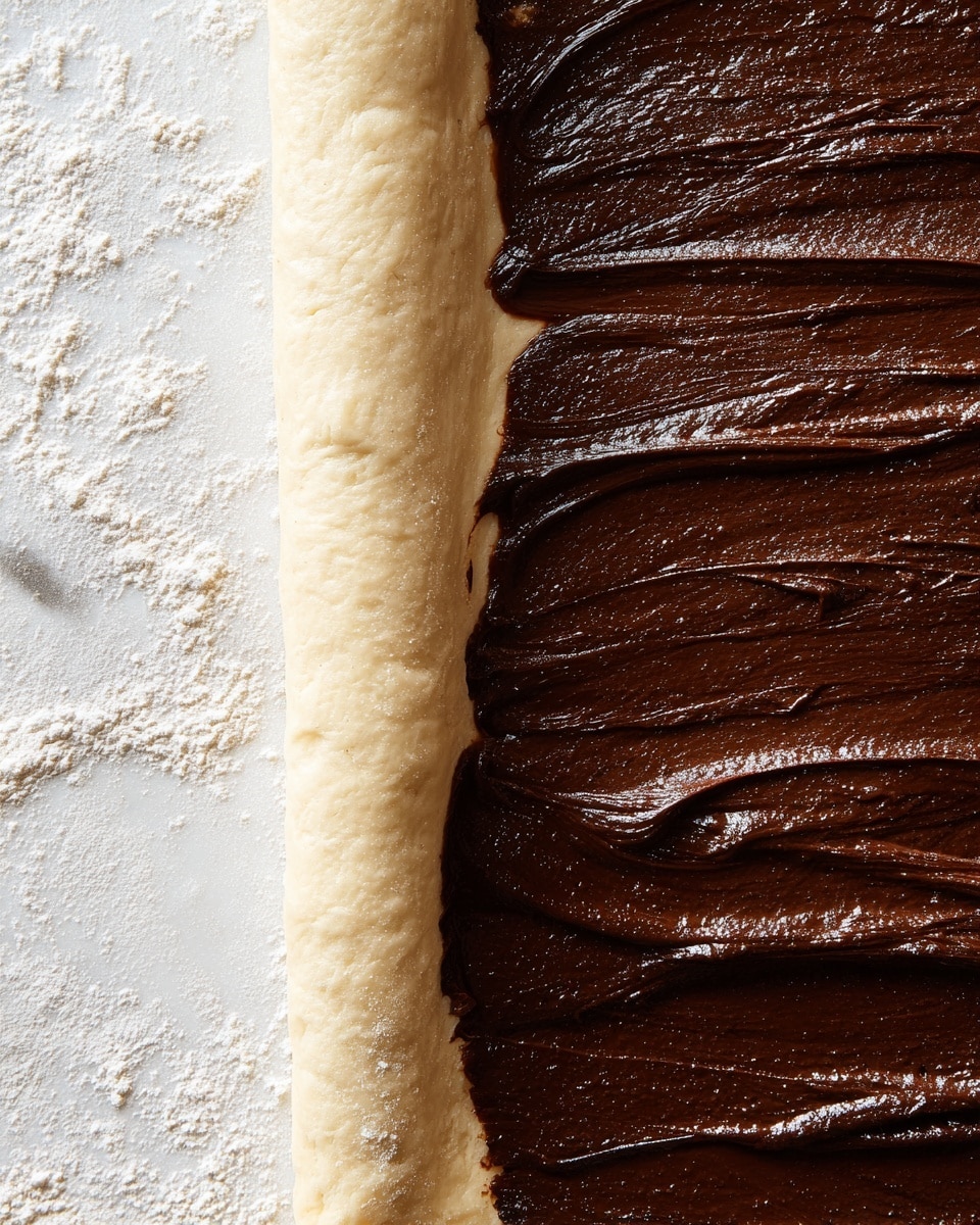The image shows a close-up of a dough being rolled from the right side, with a thick, glossy layer of dark brown chocolate spread covering the flat dough on the left. The dough is pale off-white with a smooth texture, while the chocolate layer is shiny and slightly ridged from spreading. The background is a white marbled surface with some flour dust. photo taken with an iphone --ar 4:5 --v 7