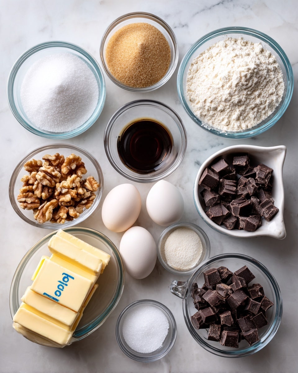 The image shows eleven small clear glass bowls arranged neatly on a white marbled surface. Starting from the top left, a bowl filled with white granulated sugar, next to it a bowl with light brown soft sugar, and to the right a bowl filled with white flour. Below, a white measuring cup holds dark chocolate chunks, next to it a small bowl with dark vanilla extract, and in the center, two sticks of yellow butter stacked on top of each other with blue letters. To the right of the butter, a clear bowl contains two white eggs, and beneath it, a small bowl holds a mix of whole walnut pieces. Continuing left from the walnuts, there are two small bowls with white powders (baking soda and salt), and below the vanilla, a bowl is filled with dark chocolate chips. The layout is clean and organized, with a simple, soft daylight illuminating the scene. photo taken with an iphone --ar 4:5 --v 7