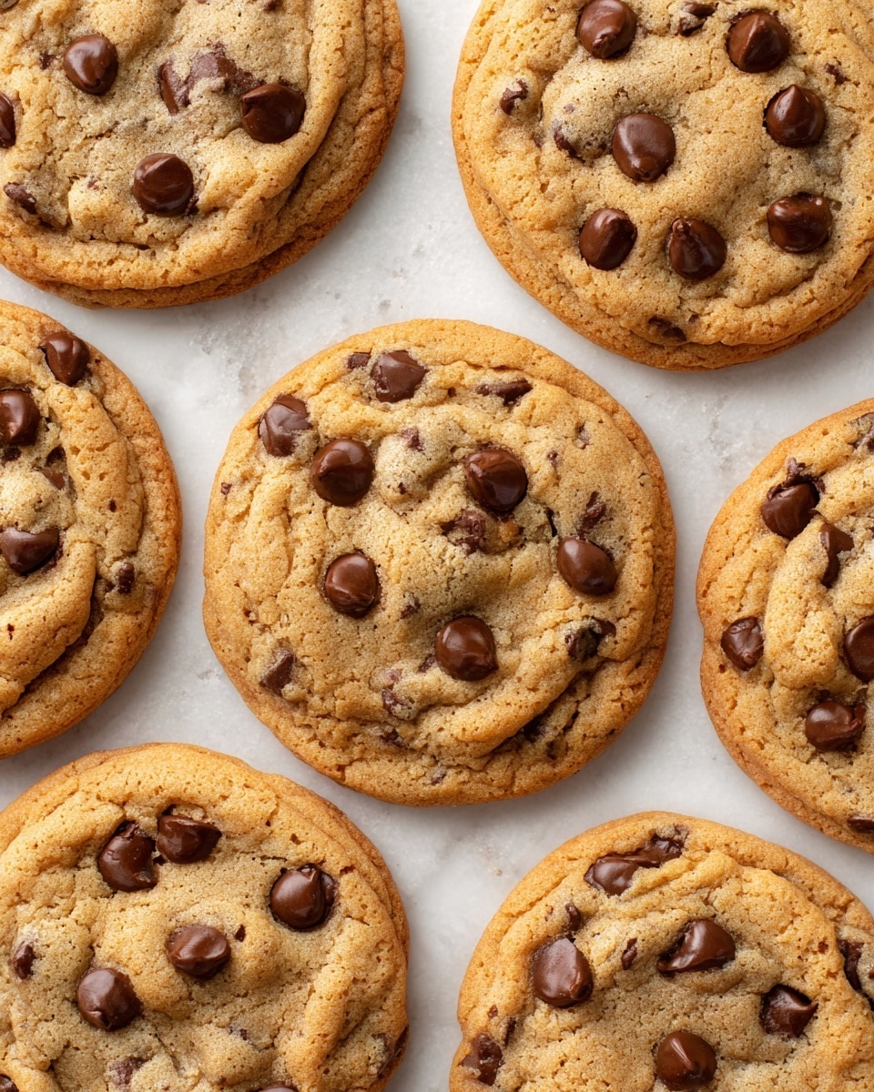 A stack of six golden-brown chocolate chip cookies sits on a white marbled surface. The cookies are slightly chewy with visible dark chocolate chips scattered throughout each layer. The top cookie is broken in half, showing the soft inside with melted chocolate chunks and a slightly gooey texture. The cookie edges are crisp and slightly darker in color, while the center looks moist and tender. A few more cookies are partially visible around the stack. photo taken with an iphone --ar 4:5 --v 7
