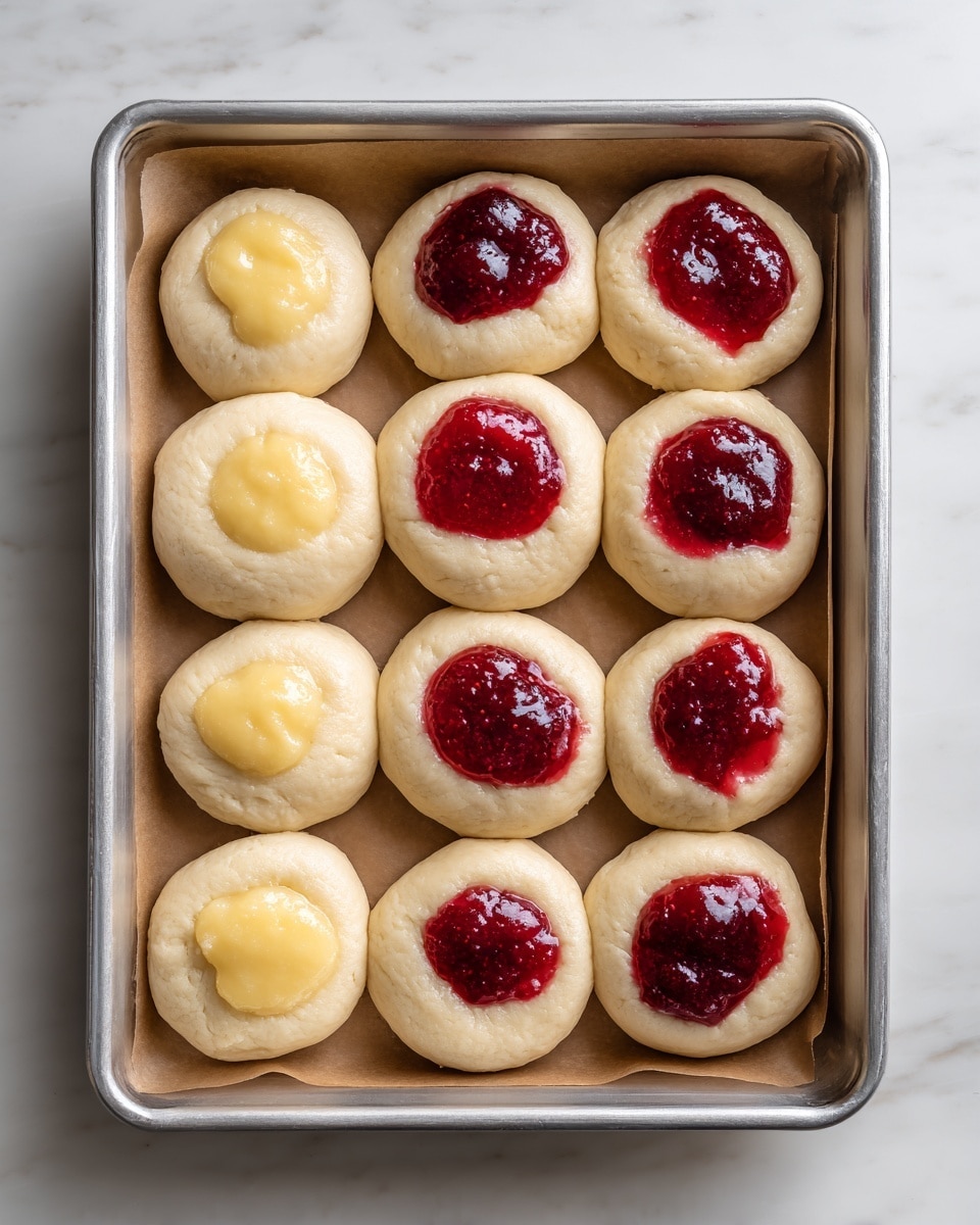 The image shows twelve round dough pieces arranged in a 4x3 grid inside a metal baking tray lined with brown parchment paper. Each dough piece is pale cream color and topped with two dollops: one light yellow creamy layer on the left side and one bright red glossy layer on the right side. The dough texture looks soft and smooth, and the creamy topping has a slightly chunky texture. The red topping appears shiny and thick, resembling a fruit jam or sauce. The tray sits on a white marbled surface. photo taken with an iphone --ar 4:5 --v 7