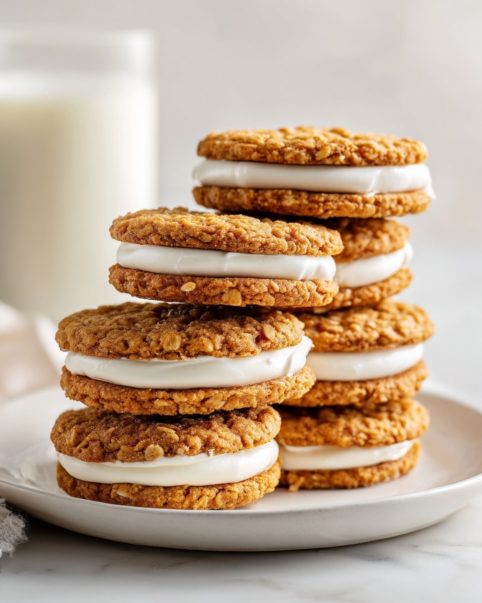 The image shows a stack of three oatmeal cream sandwich cookies on a white marbled surface. Each cookie sandwich has two golden-brown, textured oatmeal cookies with a thick layer of smooth, white cream filling in the middle. The top cookie sandwich has a bite taken out of it, showing a soft, creamy filling inside. There is a glass of milk with white liquid in the background, slightly blurred, all set against a soft gray backdrop. The cookies sit on a piece of crumpled white paper. photo taken with an iphone --ar 4:5 --v 7